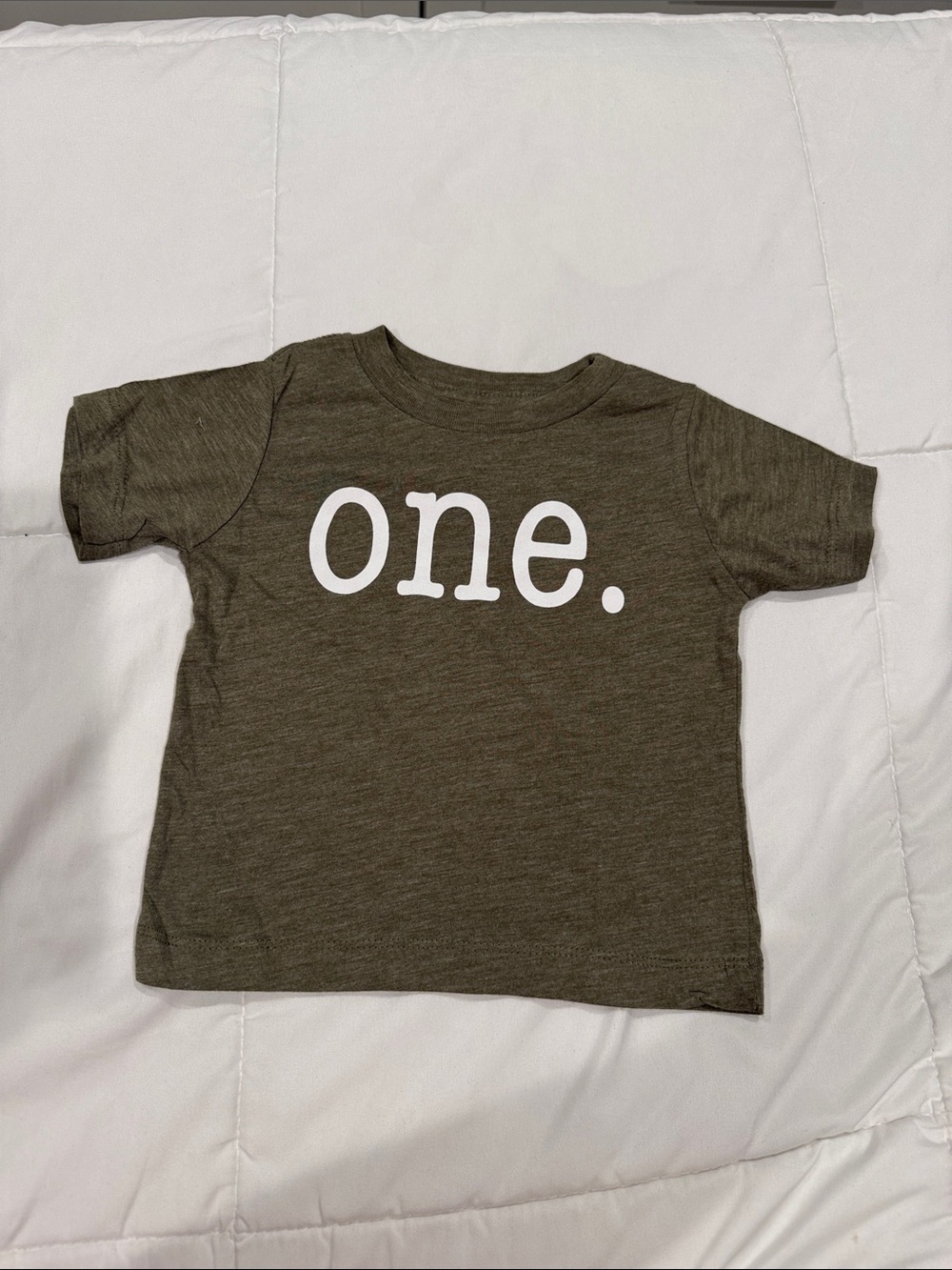 Worn once - Bella Canvas Olive Green Toddler Tee with White "one." Graphic